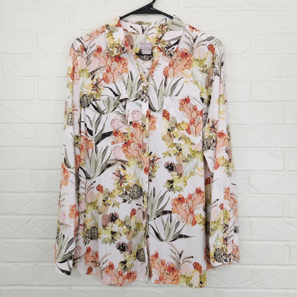 Chico's Desert Bouquet Multicolor Popover Shirt Long Sleeve Blouse Bohemian M